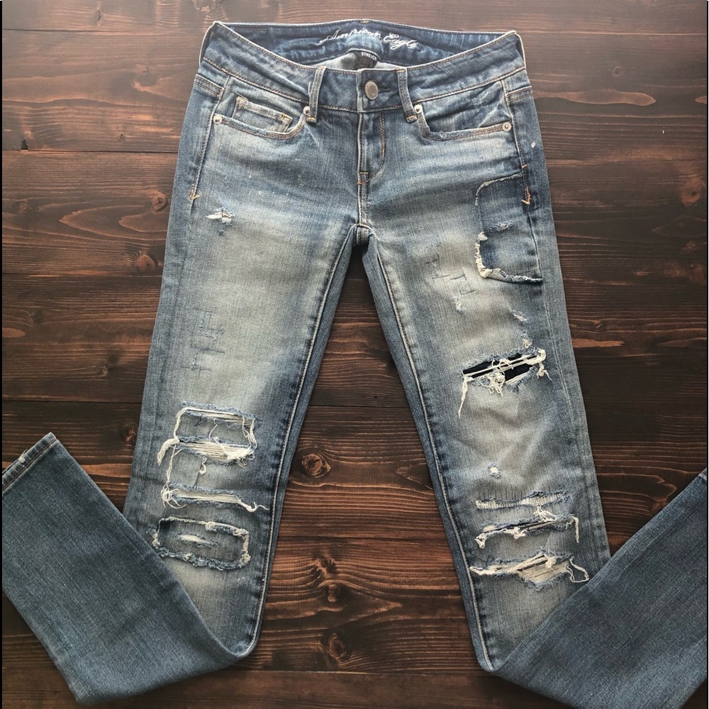 American Eagle Outfitters Distressed Skinny Jeans - Light Blue
